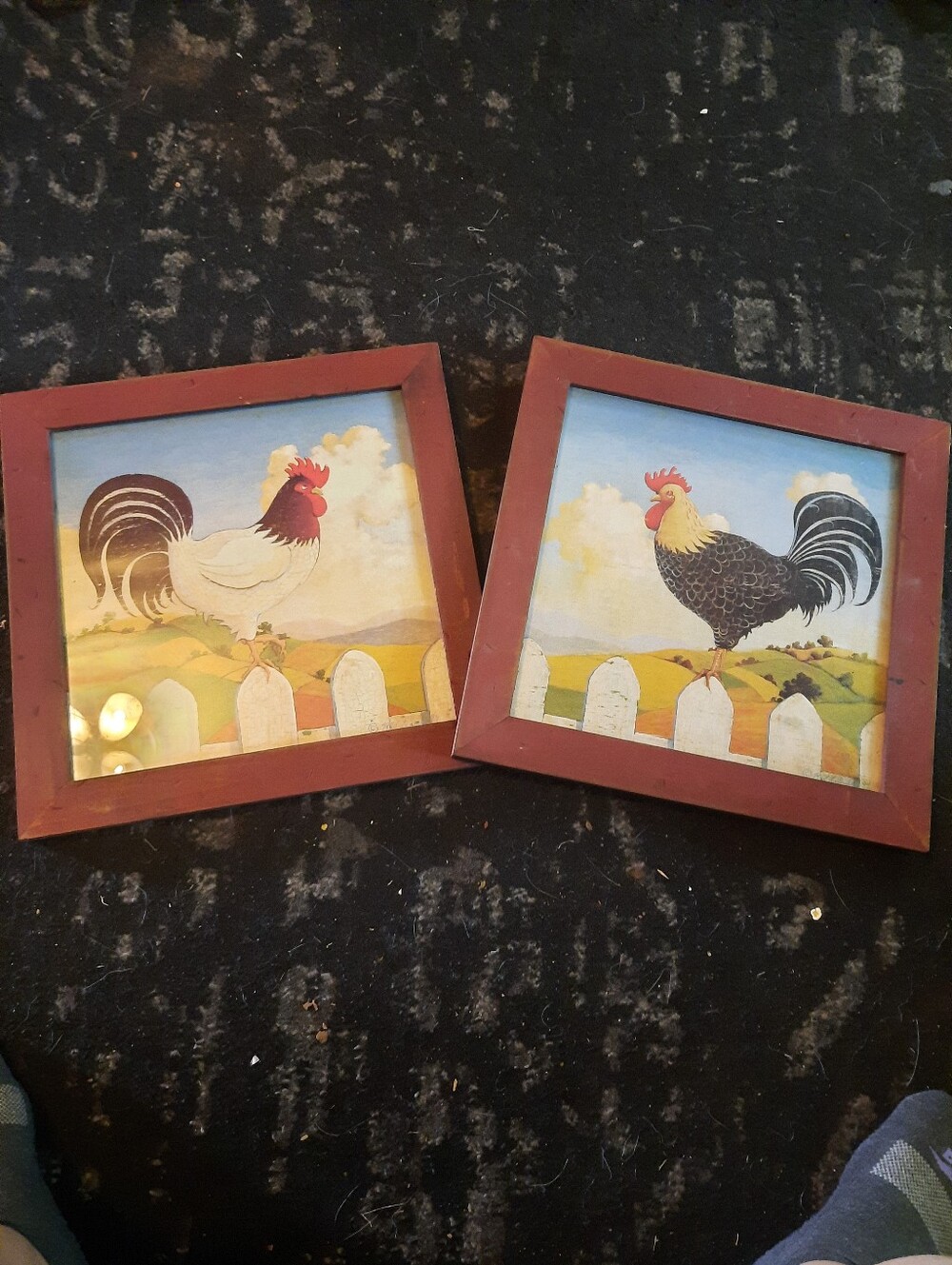 Set of 2 Rooster Farmhouse Wall Art Prints in Red Frames
